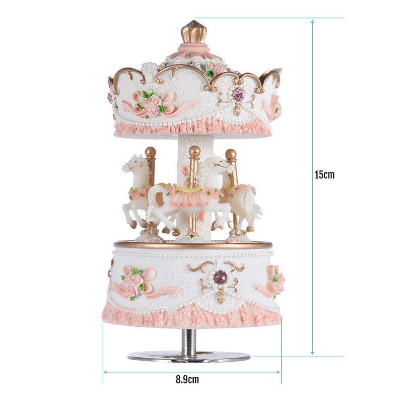 Musfunny Carousel Music Boxes for Girls 3-Horse Rotating Windup Melody Castle in The Sky Color Change LED Lights Musical Gift for Daughter Birthday Christmas Festival Music Box Artware Pink - Image 4